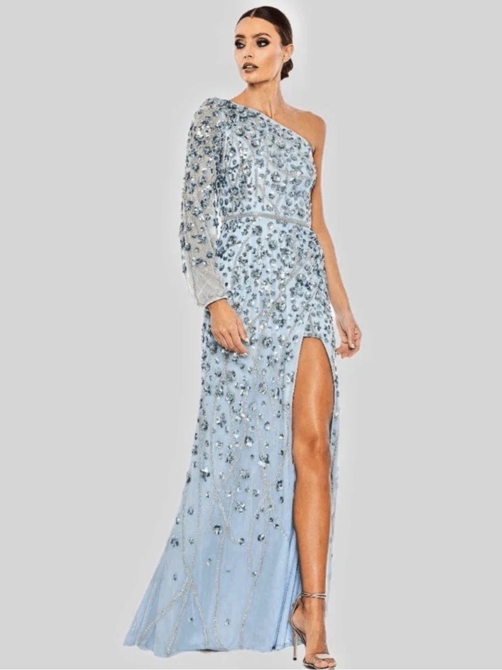 Mac Duggal Light Blue Beaded One-Shoulder Maxi Dress NWT